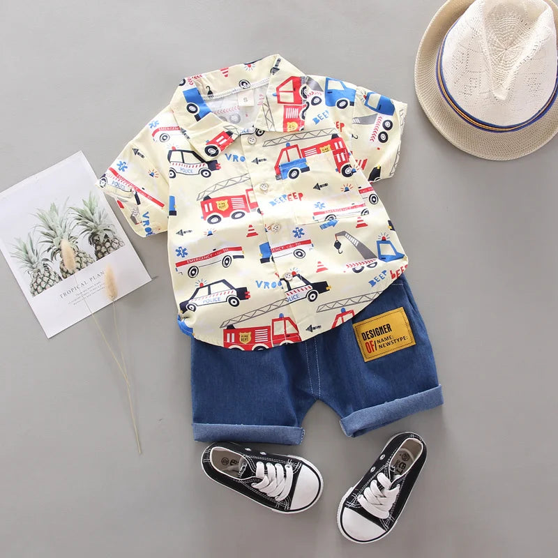 2PCS Baby Summer Set – Random Car Print Shirt & Shorts