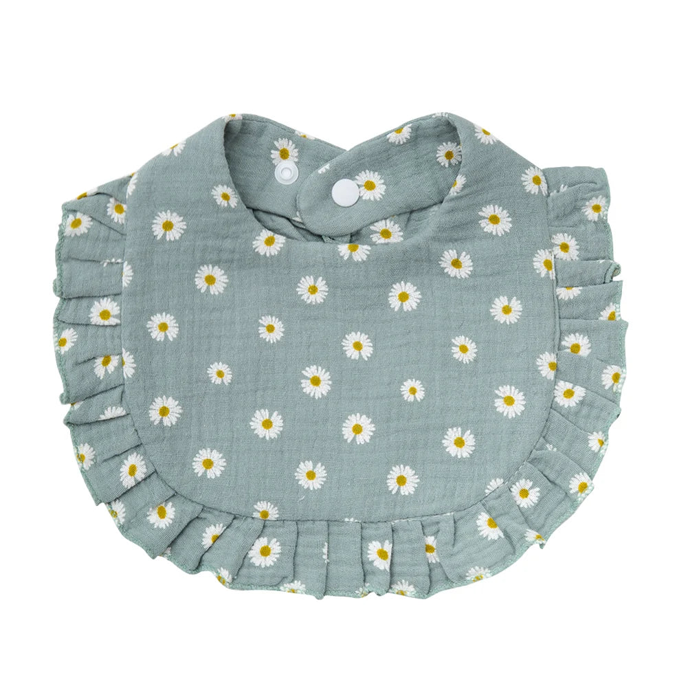 Bavoir bébé en coton à volants imprimé fleurs – Ajustable et doux