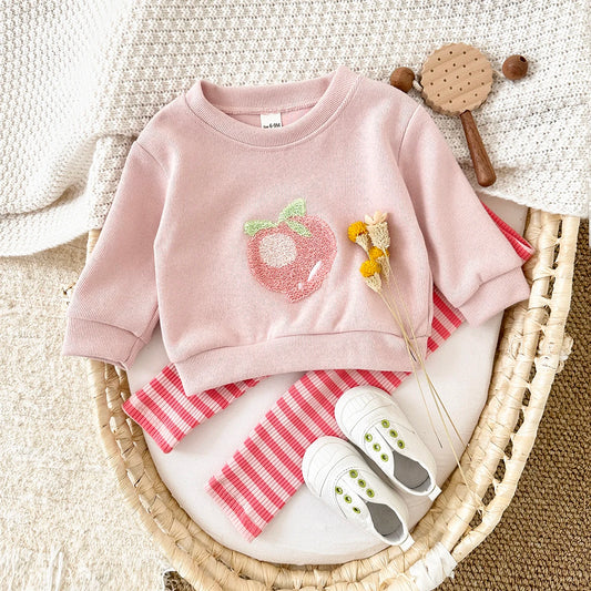 Baby Girl 2PCS Set – Long Sleeve Top & Pants, Cute Peach Autumn/Spring Outfit