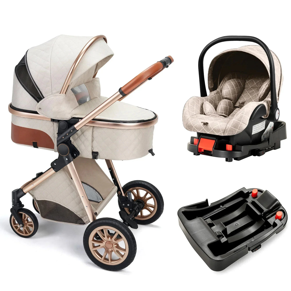 Poussette 3 en 1 à profil haut avec siège auto et fixation ISOFIX