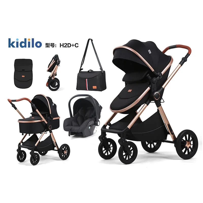 Poussette légère Kidilo H2D C 3 en 1, poussette bébé à quatre roues de bonne qualité