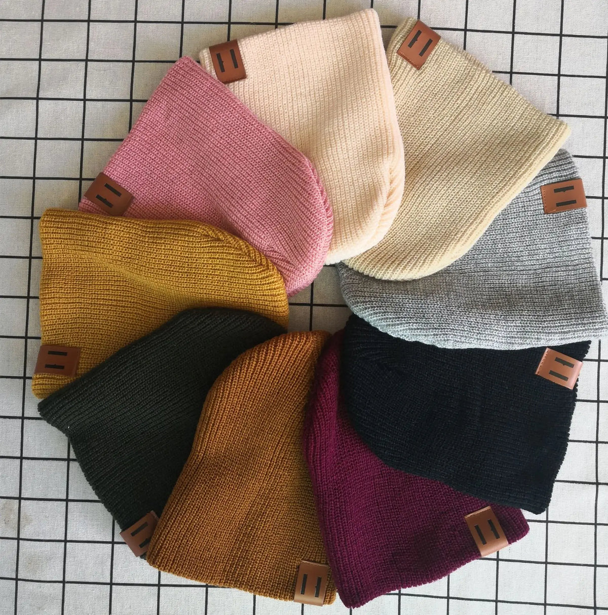 Baby Knit Hat with Leather Label Winter Family Beanie