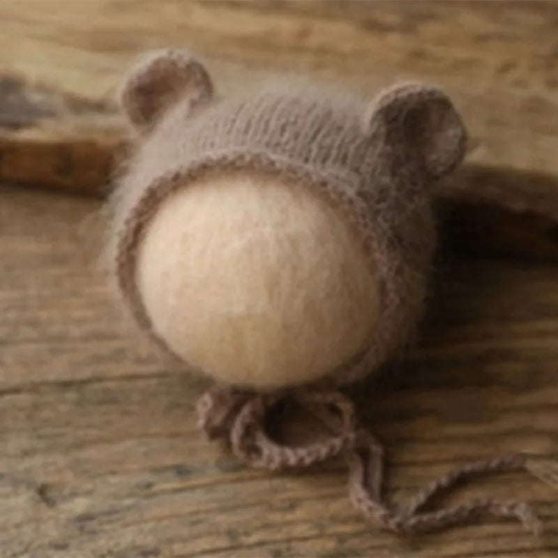 Bonnet tricoté pour nouveau-né en fil de vison duveteux avec oreilles, accessoire photo
