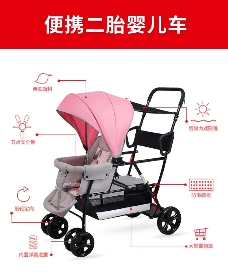 Poussette double multifonctionnelle pour jumeaux – Poussette double légère et pliable, à quatre roues