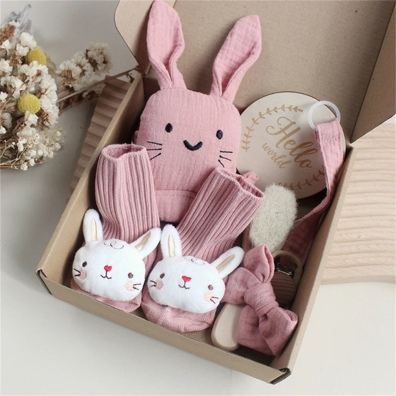 Newborn Baby Gift Set – Soft Cotton Towel, Rabbit Cuddle, Socks & Brush
