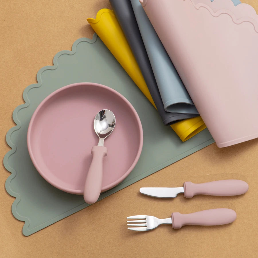 Ensemble d'alimentation pour bébé – Assiette, cuillère et fourchette en silicone