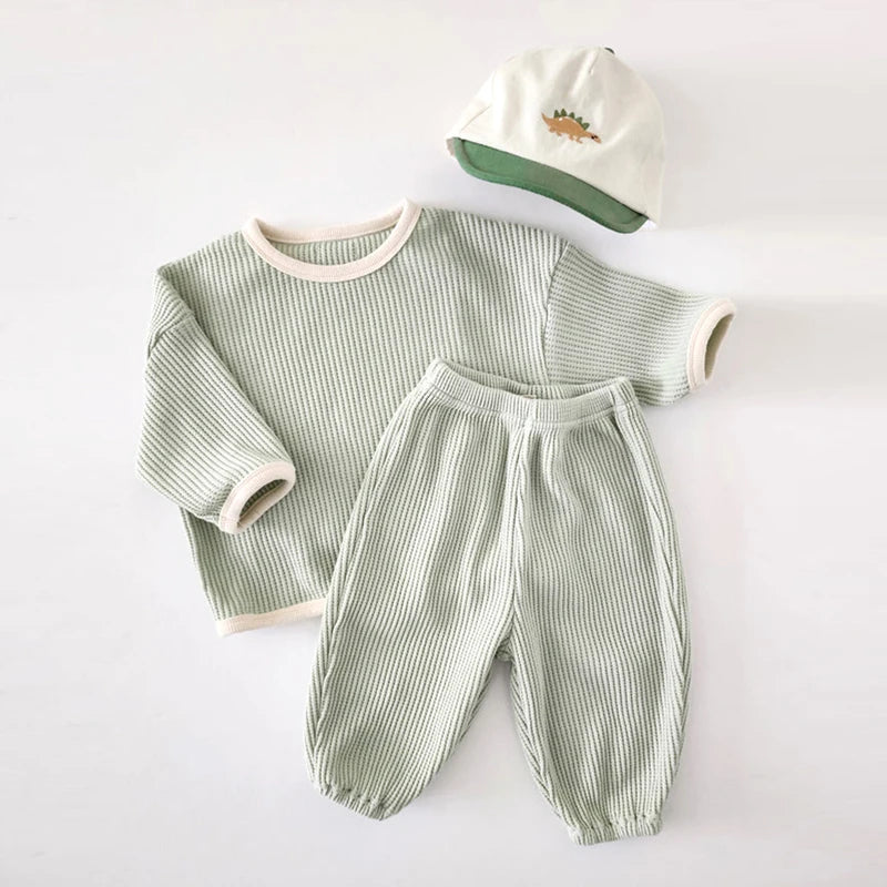 Korean Style Kids Outfit – Waffle Pullover & Pants Set for Boys & Girls