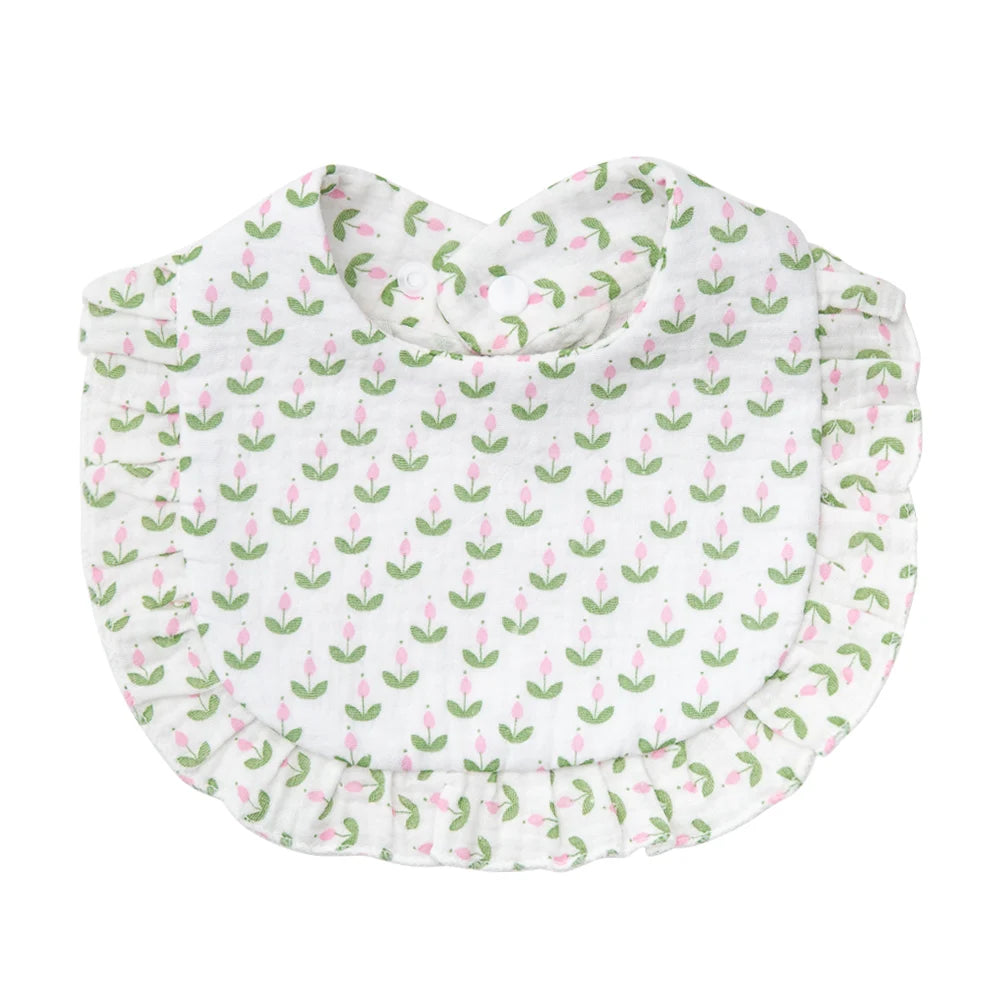 Bavoir bébé en coton à volants imprimé fleurs – Ajustable et doux