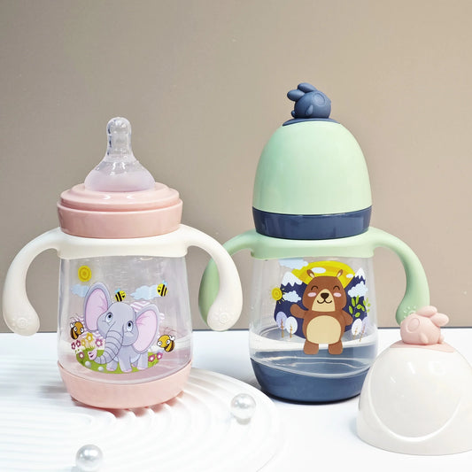 Biberon bébé 240 ml à motifs – Sans BPA, anti-chute et anti-fuite