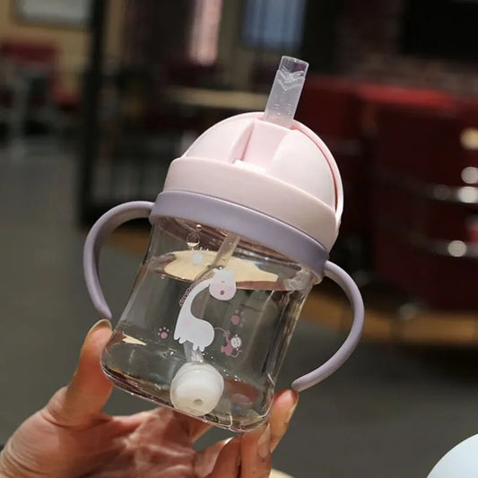 Biberon de 250 ml pour bébé – Large anse et paille rose