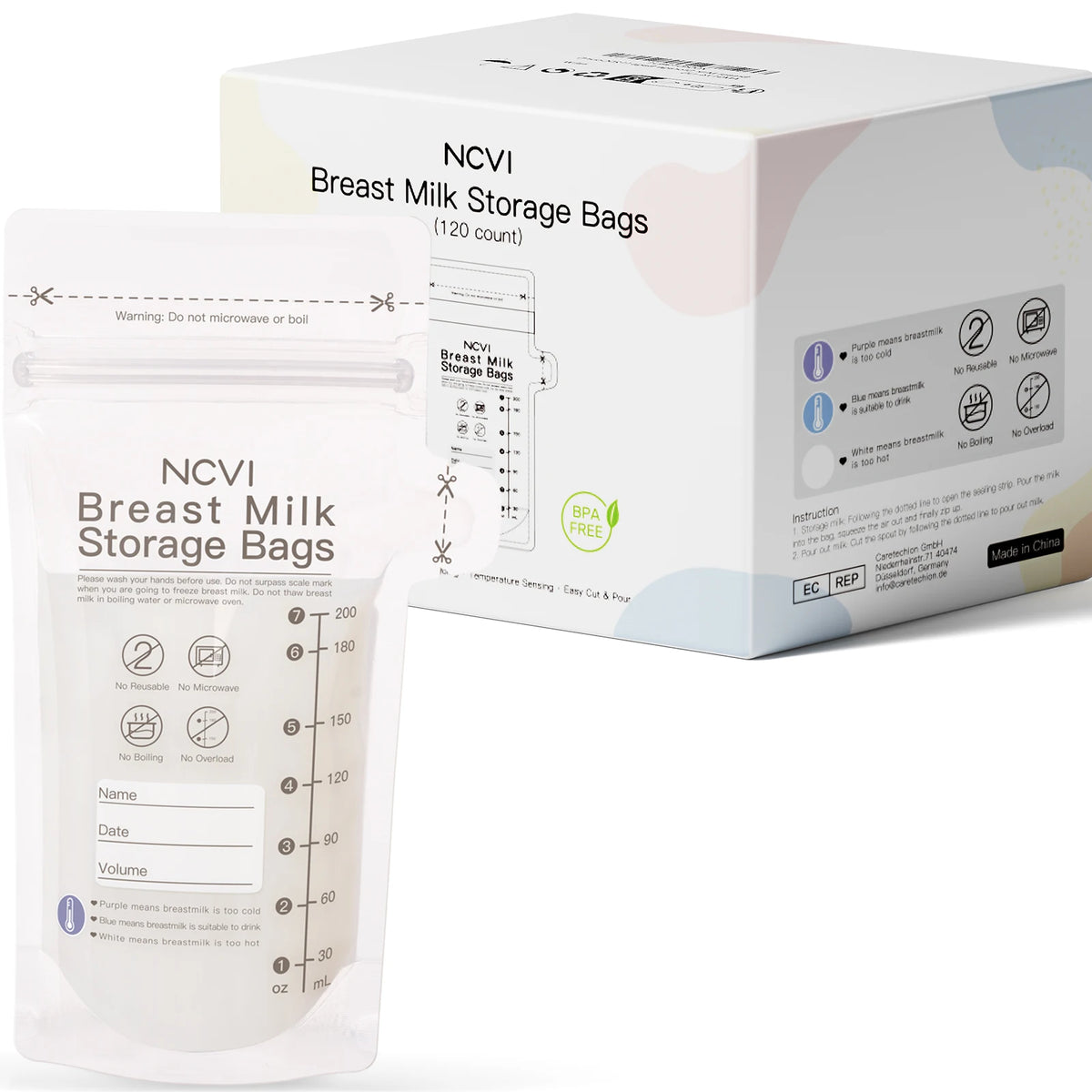 NCVI 200ml Breast Milk Storage Bags – Temp-Sensing, Double-Sealed, BPA-Free