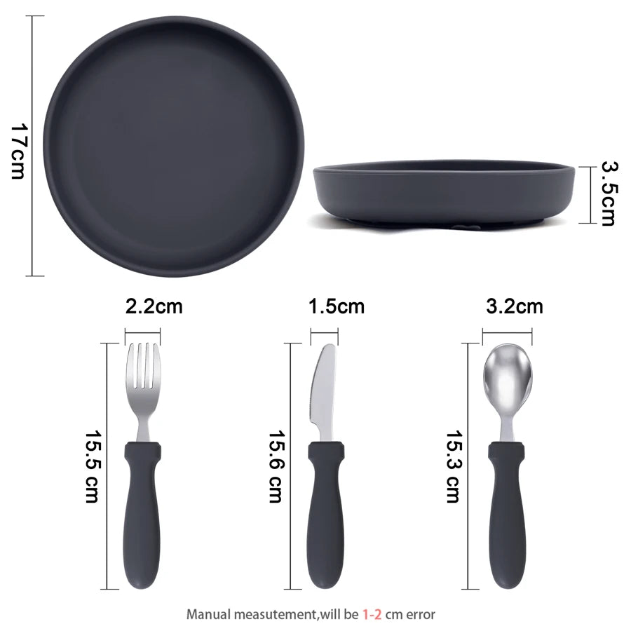 Ensemble d'alimentation pour bébé – Assiette, cuillère et fourchette en silicone