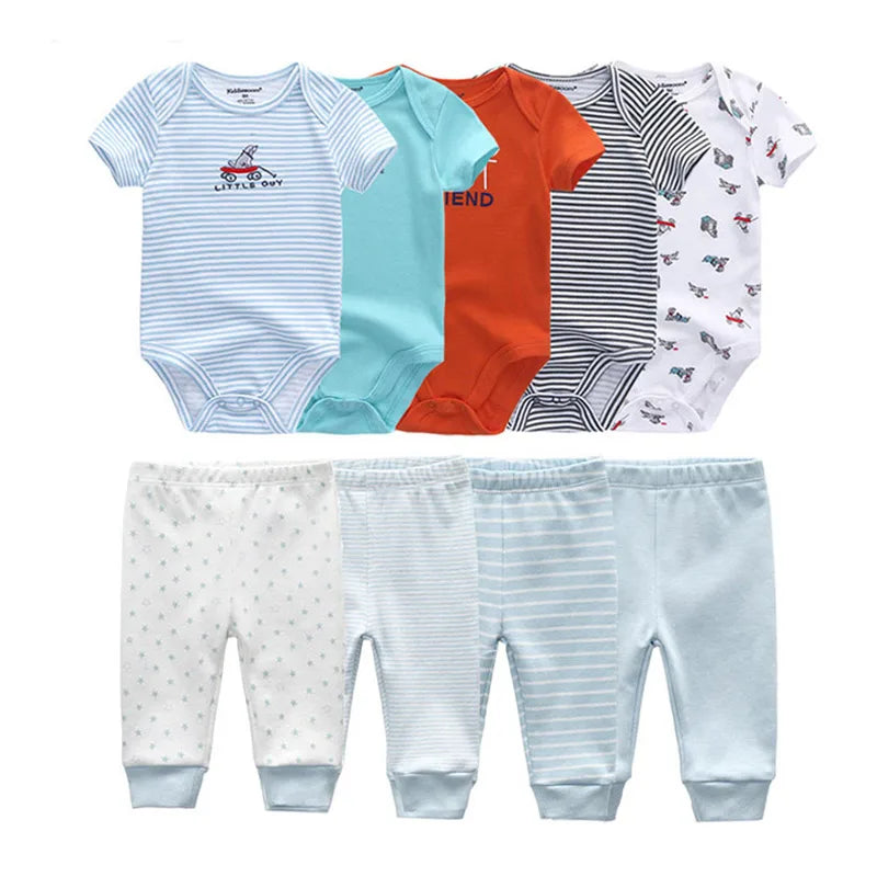 9-Piece Newborn Clothing Set – Cotton Cartoon Bodysuits & Pants