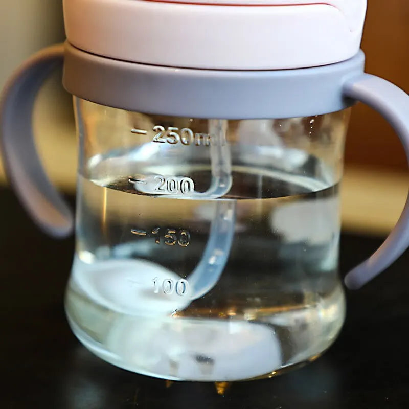 Biberon de 250 ml pour bébé – Large anse et paille rose