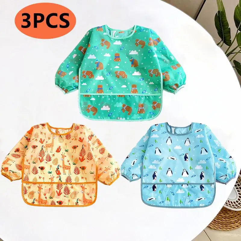 Cute Cartoon Waterproof Long-Sleeve Baby Feeding Bib (0–3Y)