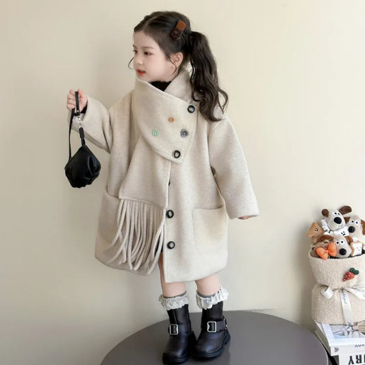 Autumn Winter Children Girl Overcoat Colorful Button Pockets Kid Baby Girls Outerwear Loose Warm Toddler Girls Jacket Soft Scarf