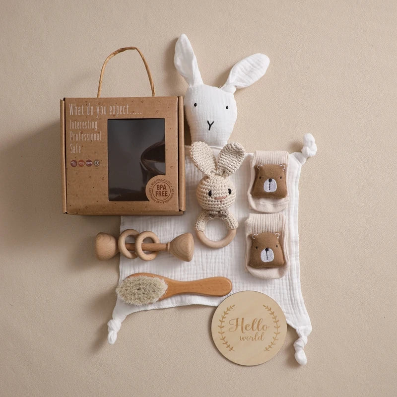7-Piece Newborn Baby Gift Set – Double-Sided Blanket, Rattle & Bath Essentials