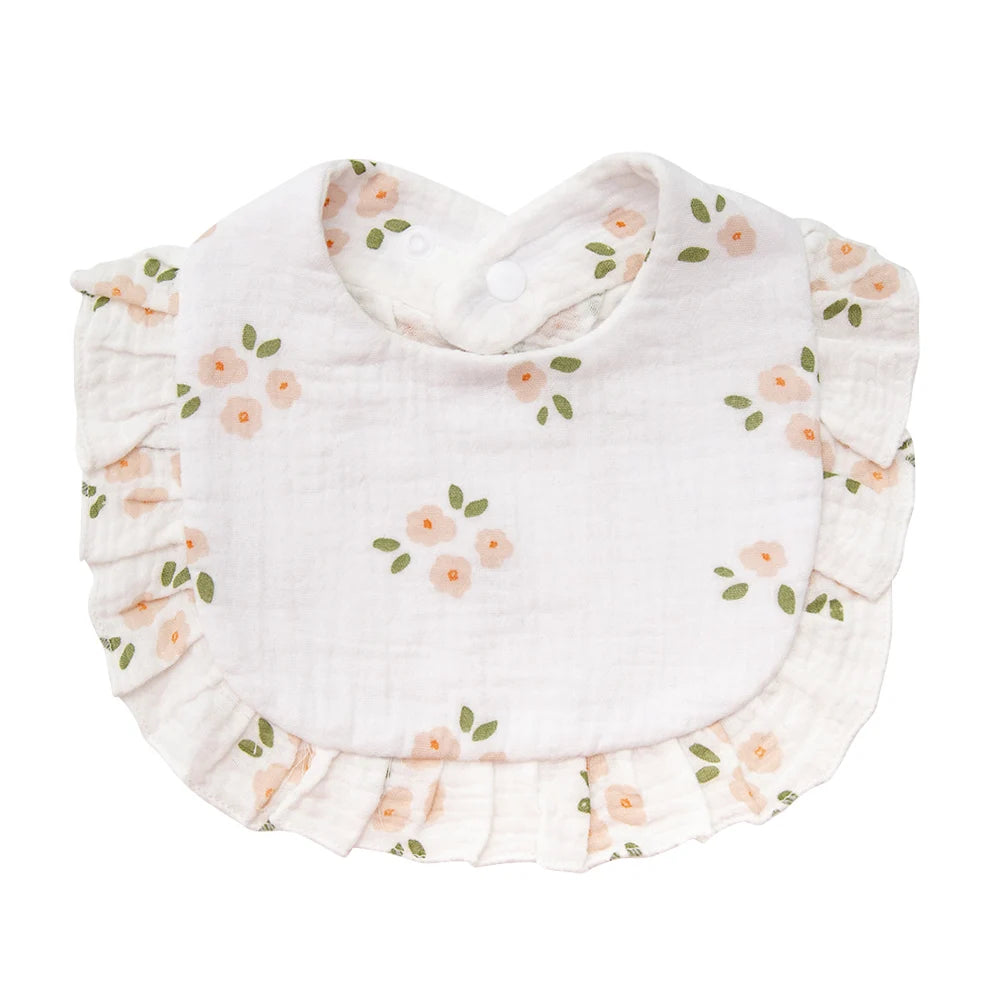 Bavoir bébé en coton à volants imprimé fleurs – Ajustable et doux