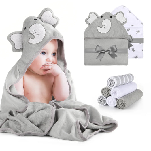 Momcozy Elephant Hooded Baby Towel Set – 8-Piece Bath Essentials, Towels & Washcloths