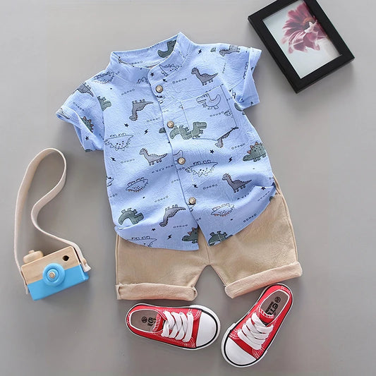Kids’ Summer Outfit – Dinosaur Print Short-Sleeve Shirt & Shorts Set