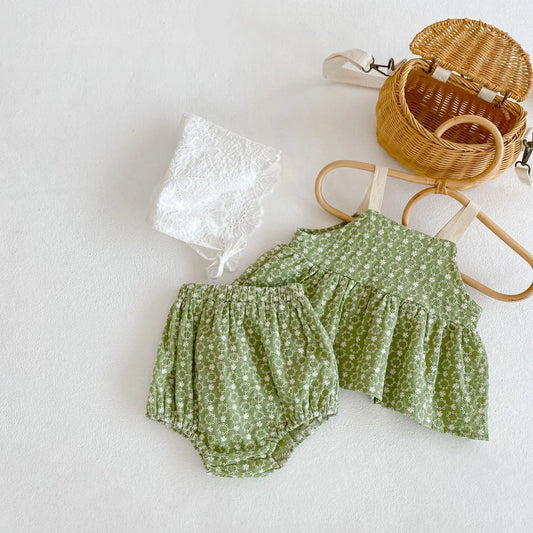 Summer Baby Girl Outfit – Chrysanthemum Jacquard Top & Bread Pants Set