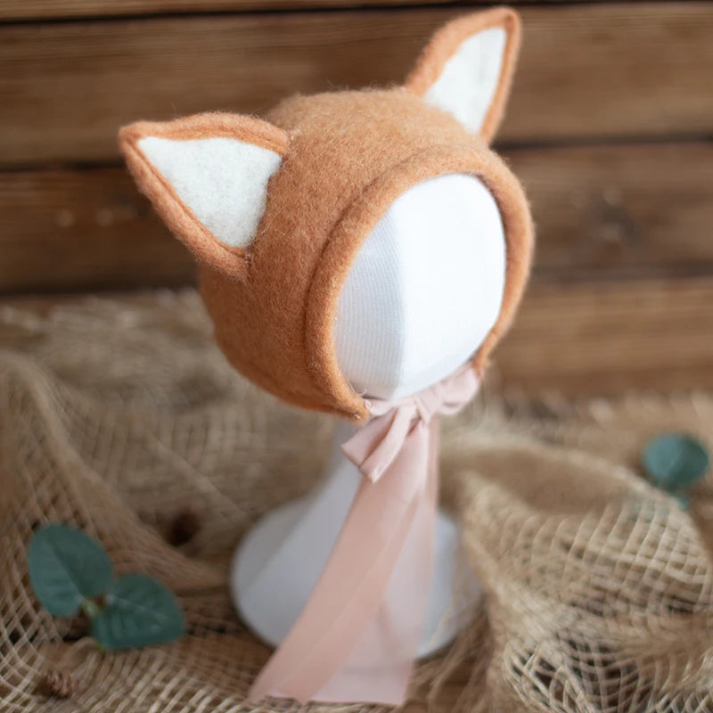 Bonnet à fleurs en feutre de laine mignon en forme de renard pour nouveau-né