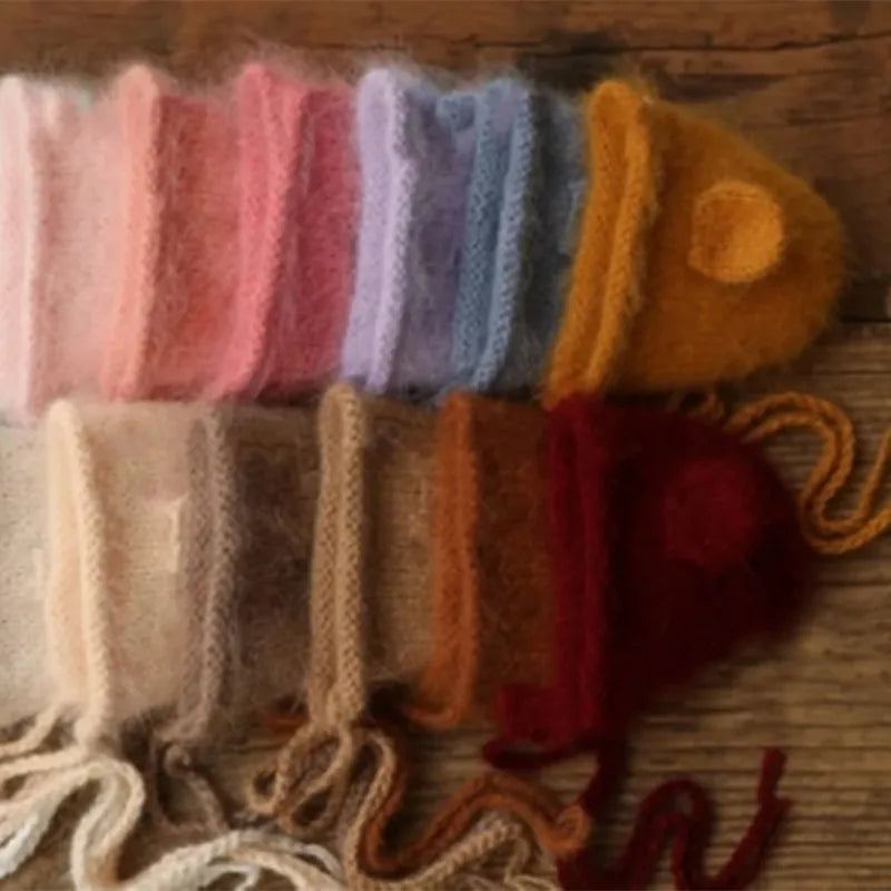 Bonnet tricoté pour nouveau-né en fil de vison duveteux avec oreilles, accessoire photo