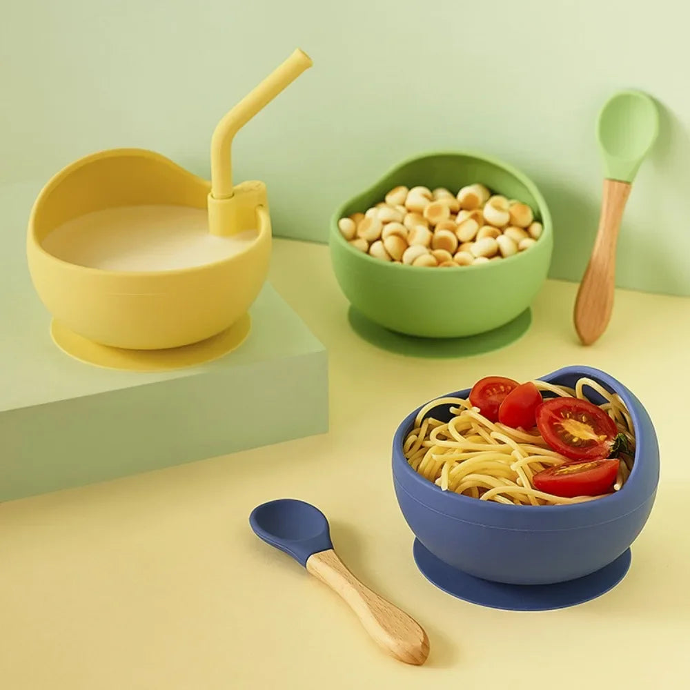 Ensemble de cuisine pour bébé – Bol en silicone avec cuillère et paille