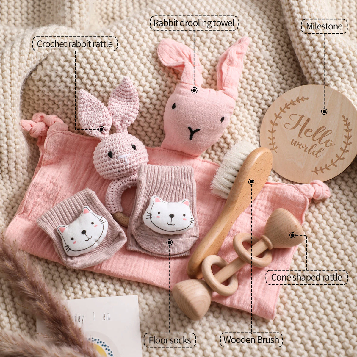 7-Piece Newborn Baby Gift Set – Double-Sided Blanket, Rattle & Bath Essentials