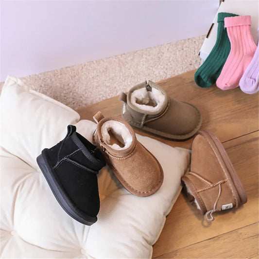 2023 New Winter Baby Snow Boots leather Warm Plush Little Boys Shoes Non-slip Fashion Toddler Girls Boots