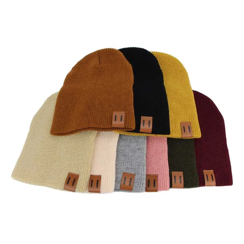 Baby Knit Hat with Leather Label Winter Family Beanie
