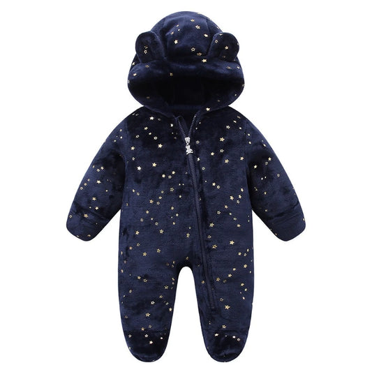 Boys & Girls Fleece-Lined Romper with Hat  for Autumn & Winter Infant Cute Star-Print Footed Onesie Halloween Warm Bodysuit