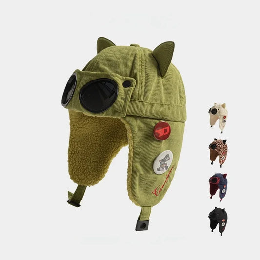 Bonnet d'aviateur enfant avec lunettes, chaud pour l'hiver