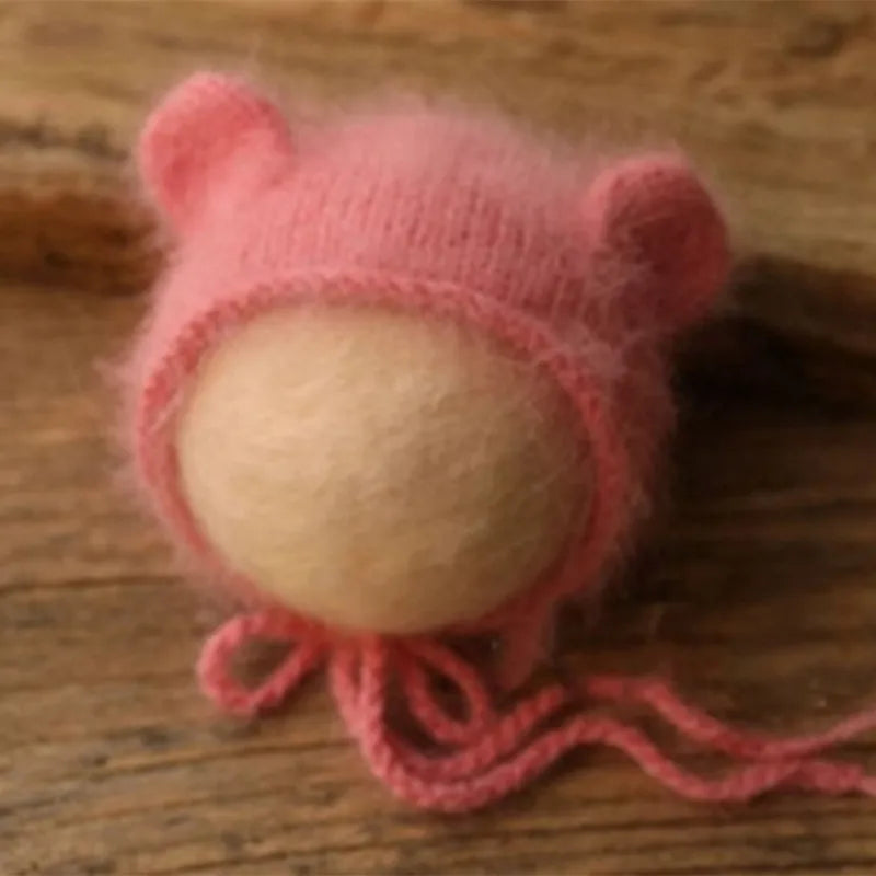 Bonnet tricoté pour nouveau-né en fil de vison duveteux avec oreilles, accessoire photo