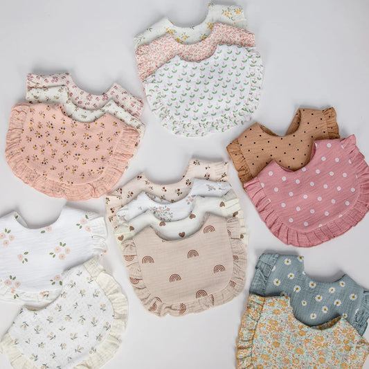 Flower Print Ruffled Cotton Baby Bib – Adjustable & Soft