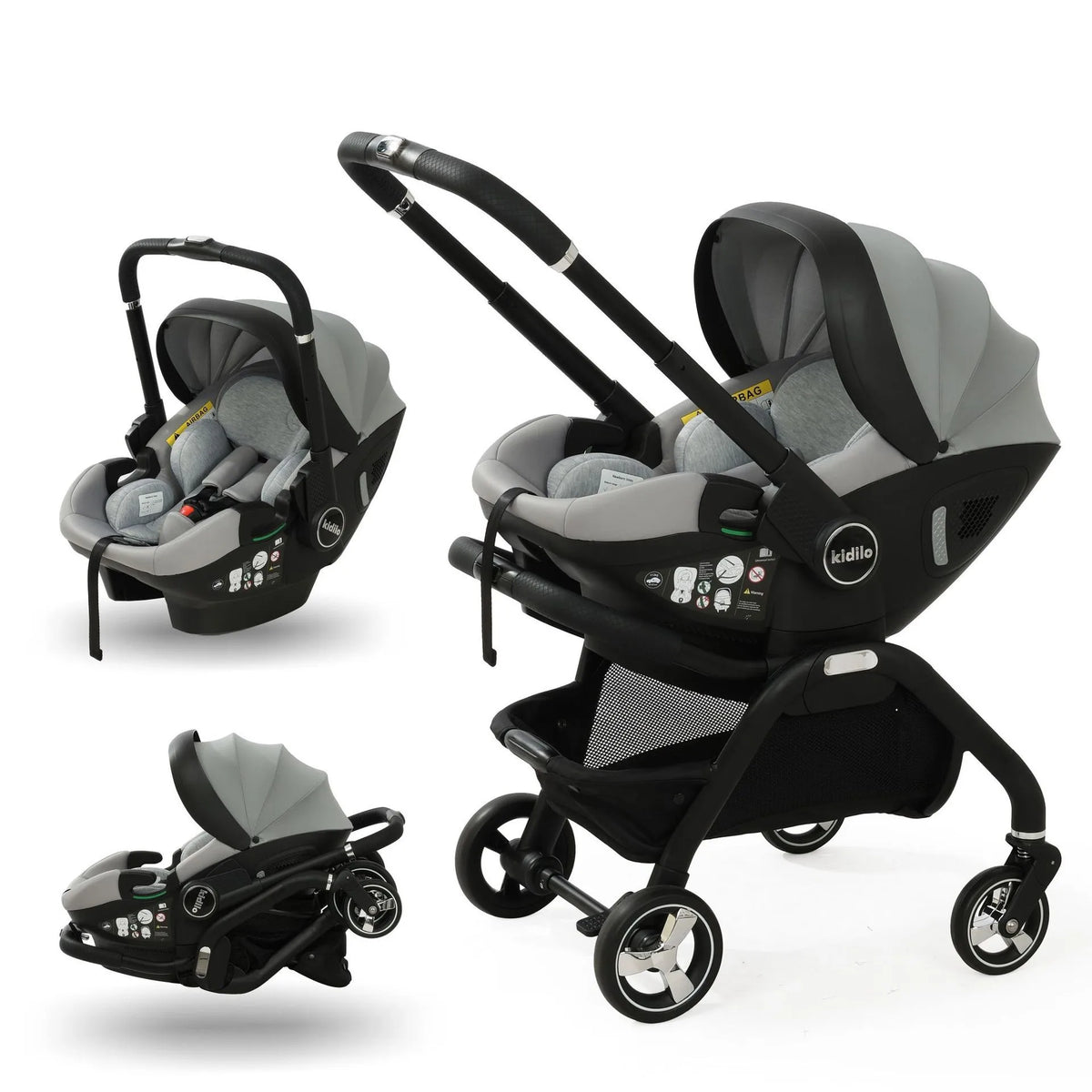 Kidilo 3-in-1 Baby Car Seat Stroller, One Button Fold & Detachable Basket