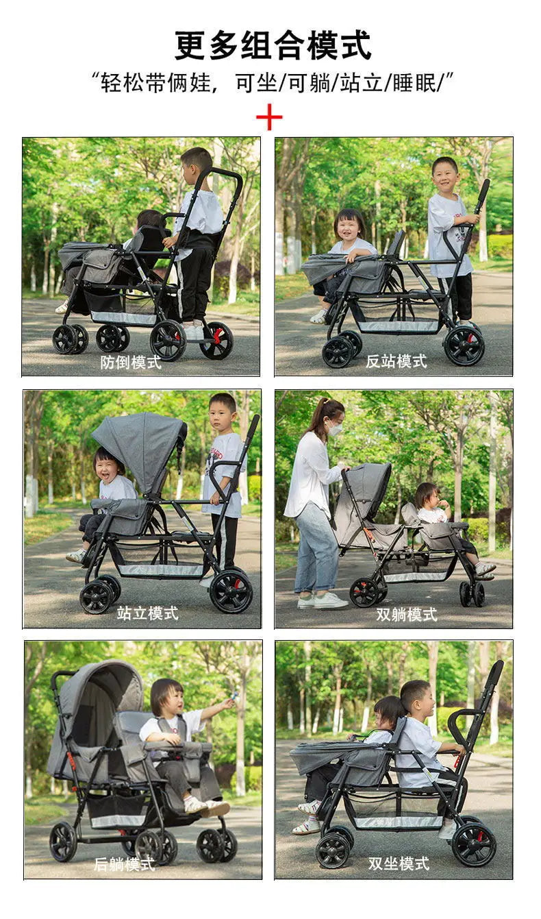 Poussette double multifonctionnelle pour jumeaux – Poussette double légère et pliable, à quatre roues