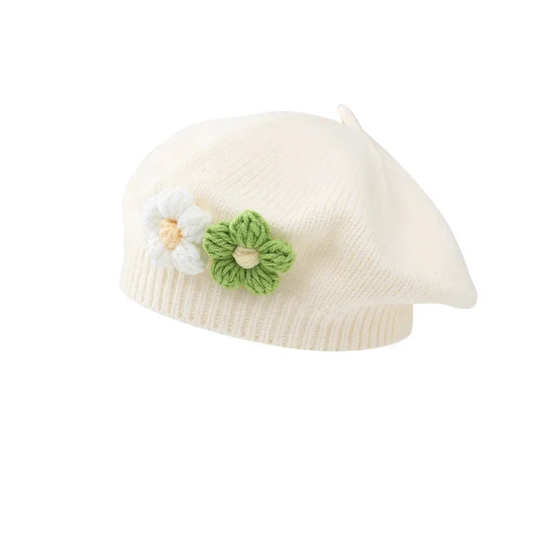 Cute Baby Girl Knitted Beret Hat with Small Flower