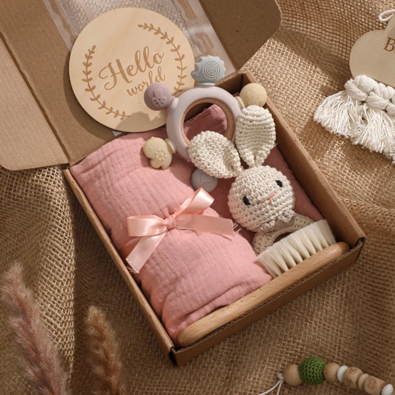 Coffret cadeau bain bébé et anneau de dentition – Jouets en silicone, hochet et cartes étapes