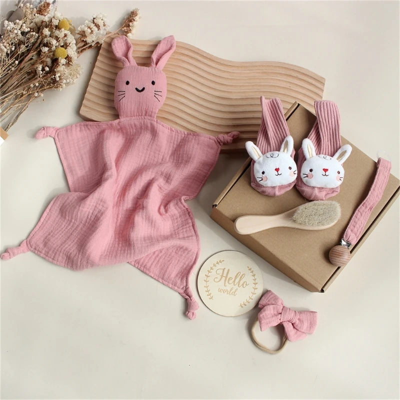 Newborn Baby Gift Set – Soft Cotton Towel, Rabbit Cuddle, Socks & Brush