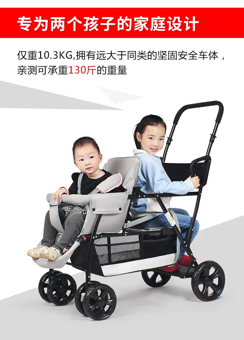 Poussette double multifonctionnelle pour jumeaux – Poussette double légère et pliable, à quatre roues
