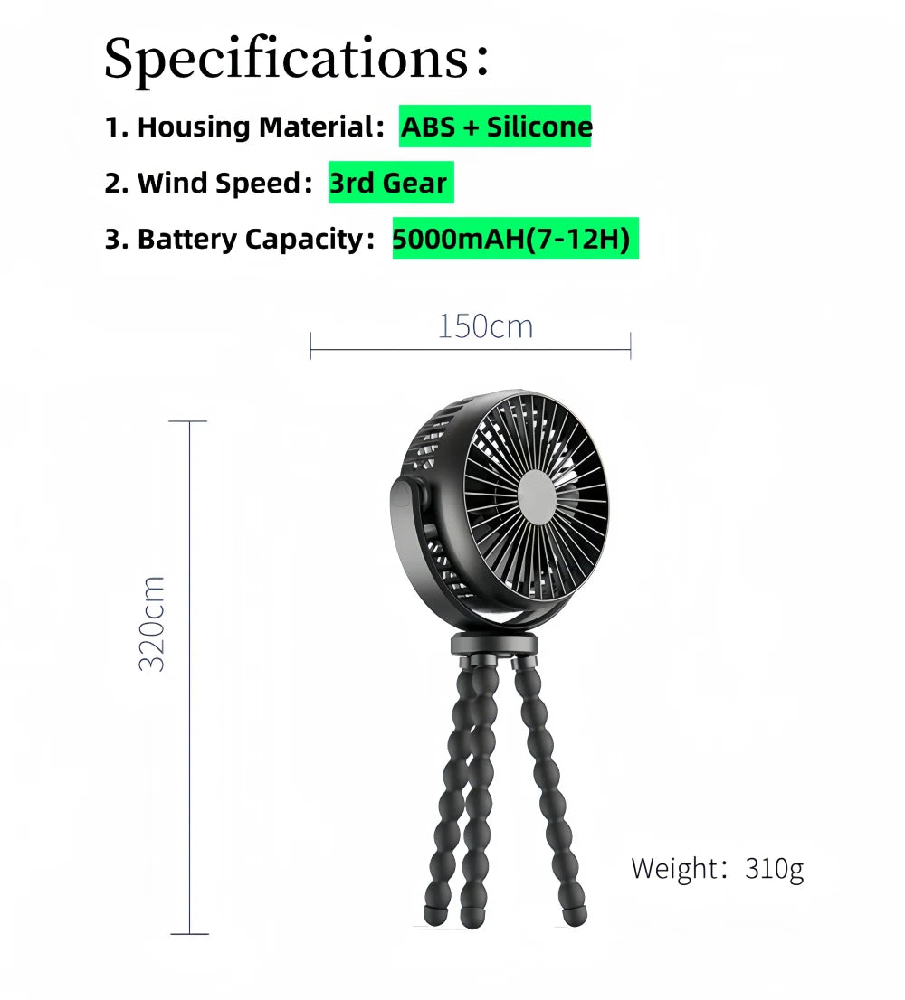 Mini Portable 3-Speed Stroller Fan – 360° Rotatable & Rechargeable 5000mAh