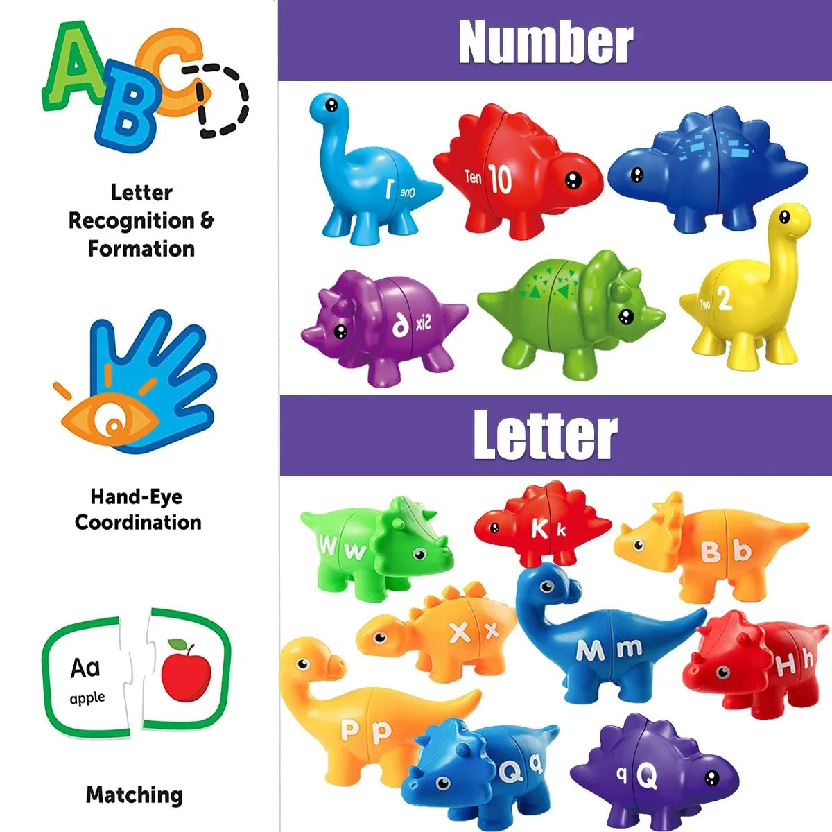 Jeu d'association de dinosaures Montessori ABC – Lettres majuscules et minuscules