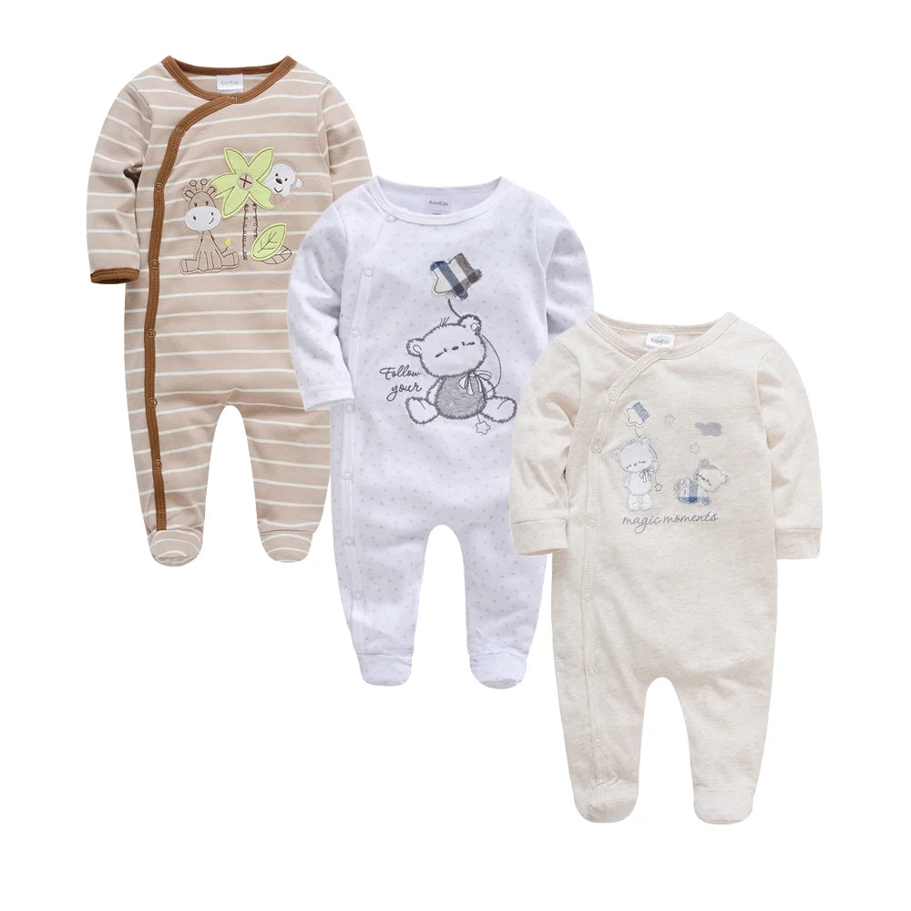Lot de 3 grenouillères Kavkas pour bébé garçon (0-12 mois), 100 % coton, manches longues, imprimé dessin animé, articles pour filles