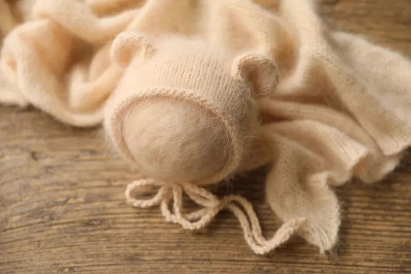 Bonnet tricoté pour nouveau-né en fil de vison duveteux avec oreilles, accessoire photo