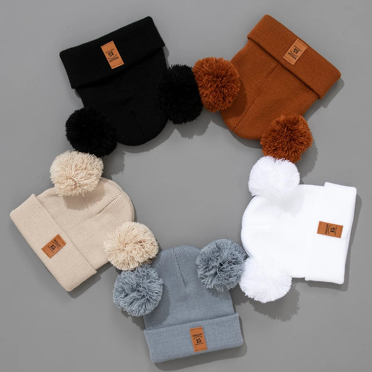 Cute Double Pom Baby Knit Hat Winter Set 5Pcs