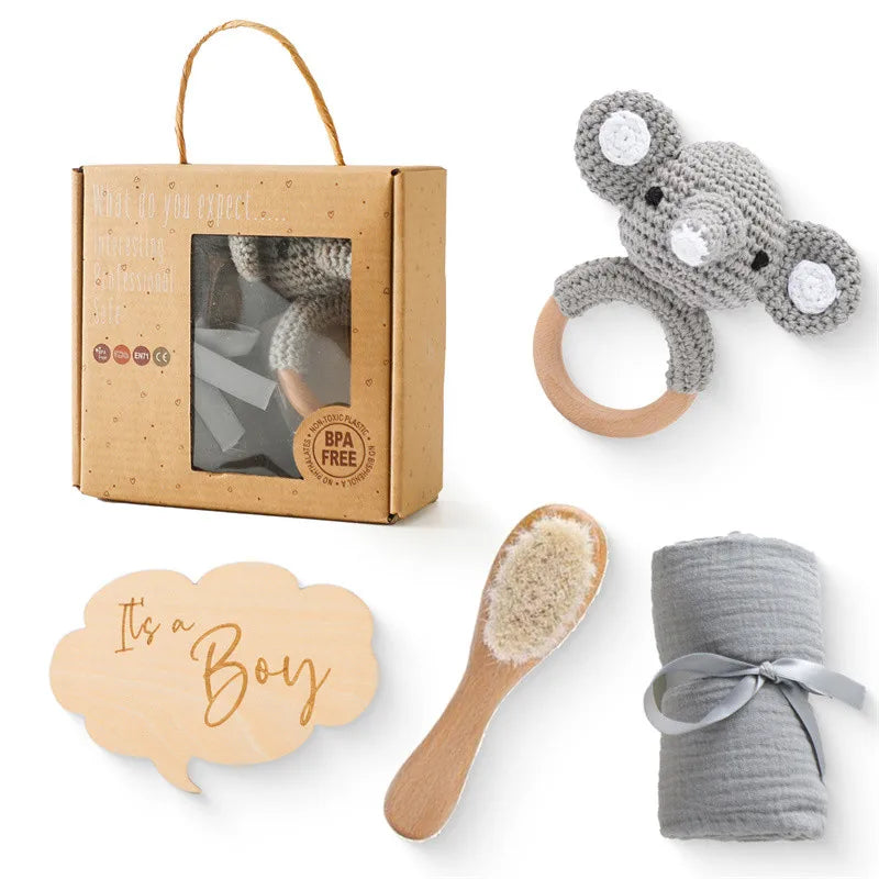 Newborn Bath Gift Set – Cotton Blanket, Milestone Cards & Rattle