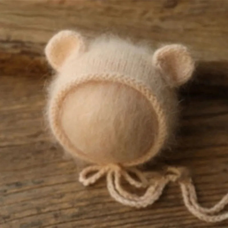 Bonnet tricoté pour nouveau-né en fil de vison duveteux avec oreilles, accessoire photo