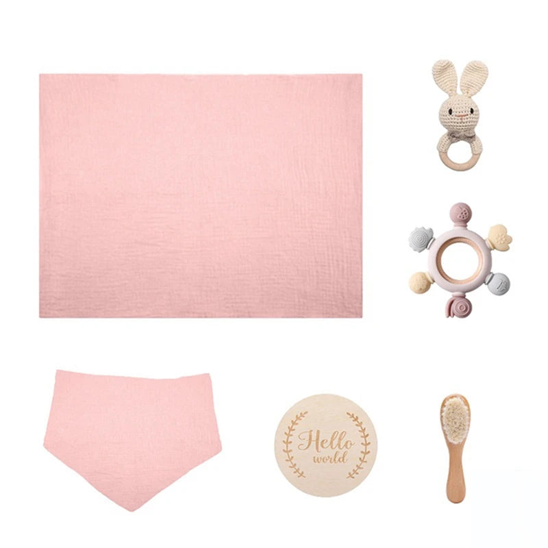 Coffret cadeau bain bébé et anneau de dentition – Jouets en silicone, hochet et cartes étapes