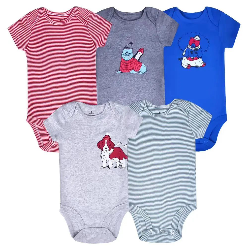 5-Pack Newborn Bodysuits – Soft 100% Cotton Cartoon Outfits (0–24M)